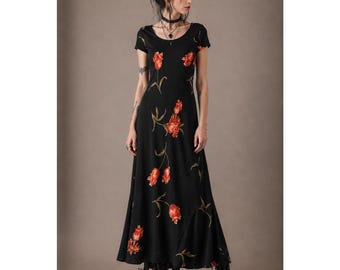 90s Jessica Howard Whimsigoth Floral Maxi Dress Black Orange Tulip 00 | XXS