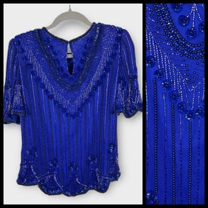 Vintage Eue&#39;s Allure Blue Silk Full Sequin 80s Evening Formal Blouse Medium