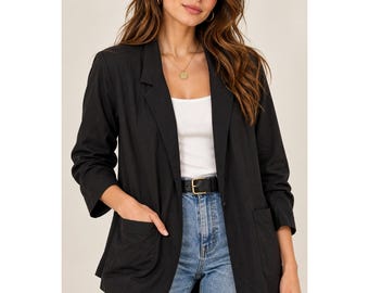 Minimalist Artsy Black Cotton Blazer Medium 90s Relaxed Open Front Jacket