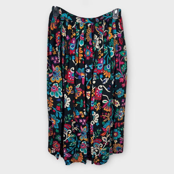 Vintage 80s Liz Claiborne Black Mod Colorful Floral Pleated Midi Skirt 0 XXS