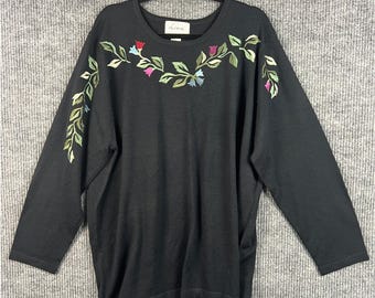 Whimsigoth Black Floral Embroidered Sweater 2X Oversized Boho Dark Romantic