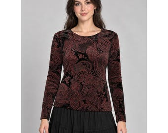 Y2K Whimsigoth Goth Red Paisley Velour Shimmer Top Small White Stag Long Sleeve