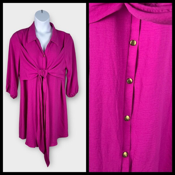 Verxy 3X Womens Pink 3/4 Sleeve Blouse Shirt Dress Tie Front Knee Length