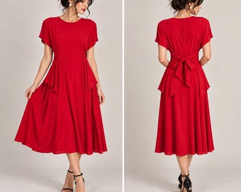 90s Retro Red Secretary Midi Dress Tie Waist Career Minimalist Size 10 Holiday