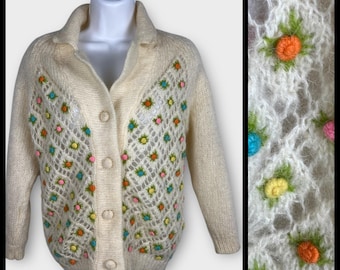 1950s Cream Knitted Crochet Colorful Pom Pom Floral 3D Wool Cardigan Medium