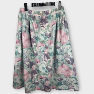 80s Floral Midi Rose Skirt Pink Green Purple Floral Size 12 Coquette Cottagecore