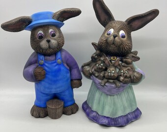 Hobbiest Mama Pappa and Baby Rabbit Figurines hand painted 90s Easter Decor