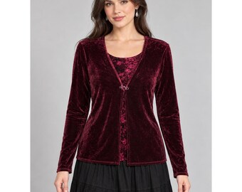 Whimsigoth Dark Romantic Y2K 90s Burgundy Velvet Floral 2-in-1 Top Small George
