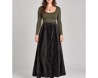 70s Whimsigoth Witchy Handmade Black Brown Velour Patchwork Maxi Skirt L Boho