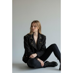 Vintage 80s Adam Douglass Adrianna Papell Studded Wool Moto Jacket L/XL Black zdjęcie 2