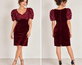 Dark Romantic Red Velvet Sequin Puff Sleeve Cocktail Dress Evening Party Size 6