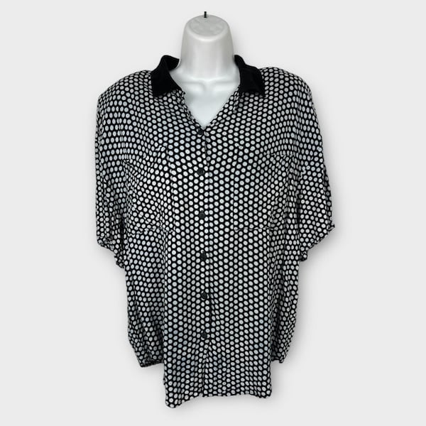 Vintage 80s Black and White collared button down polka dot rayon blouse Large