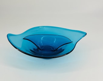 Mid-Century Modern Blue Asymmetrical Glass Divided Dish