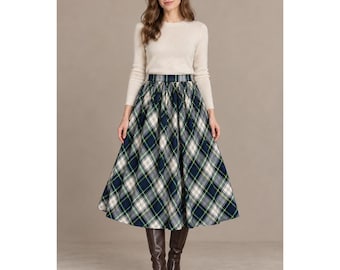 Dark Academia Tartan Midi Skirt XXS Blue Green Plaid 24 Waist Pockets Handmade