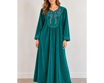 70s Vanity Fair Green Velour Robe L Embroidered Zip Front Grannycore Maxi