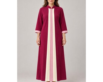 70s Mod Colorblock Maxi Robe Burgundy Pink Cream Zip Front Housecoat M