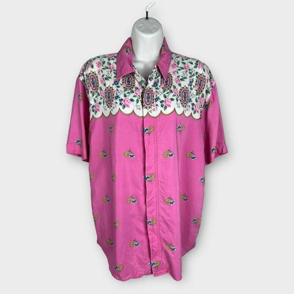 Vintage Lizwear Pink Shirt Floral Print Button Down Cottagecore Rodeo Large