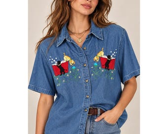 Kidcore Grannycore Denim Puppy Dog Embroidered Shirt XL 90s Novelty