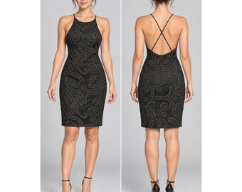 Y2K Goth Dark Romantic Black Glitter Swirl Mesh Cocktail Dress Juniors Medium