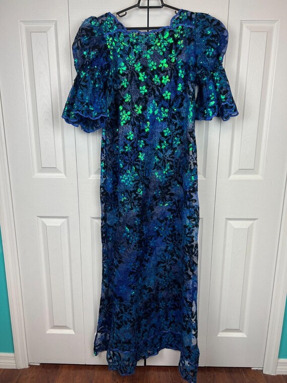 Balloon Sleeve Sheer Blue Iridescent Full Sequin Lace Maxi Dress Size 10  Formal - Etsy