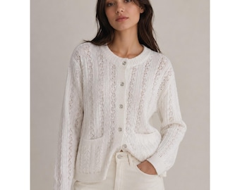 White Cable Knit Cardigan Cottagecore Grandpa Core Sweater Medium