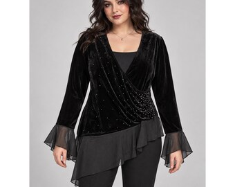 Whimsigoth Black Velvet Beaded Faux Wrap Top 12 Sheer Bell Sleeve 90s Goth