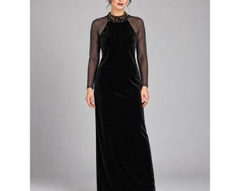 Goth Glam Black Velvet Beaded Collar Gown Black Tie Size 12 Sheer Long Sleeve