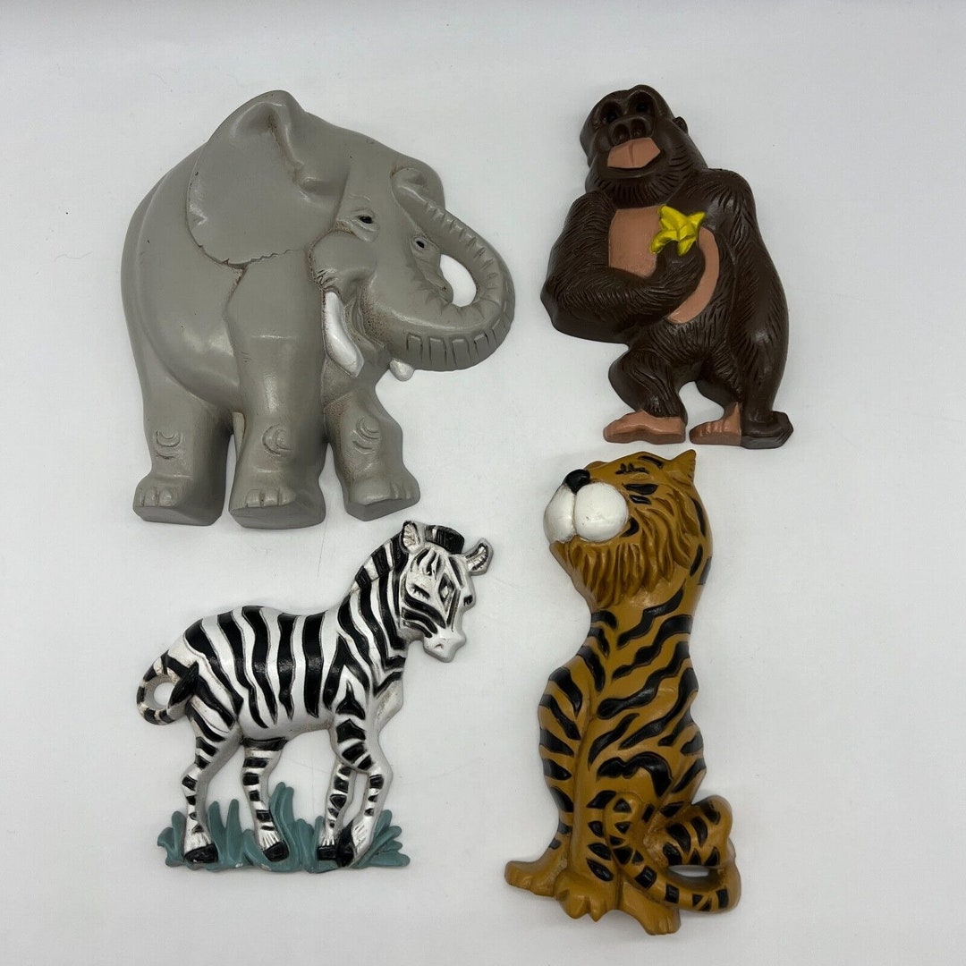 Vintage Plastic 3D Zoo Animal Wall Art Tiger Elephant Zebra Gorilla