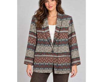 Western Boho Southwestern Tapestry Blazer M Rust Tan Kensington Square