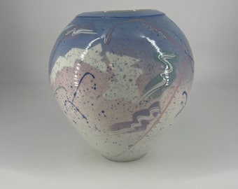 90s art deco purple teal splatter studio pottery vase signed