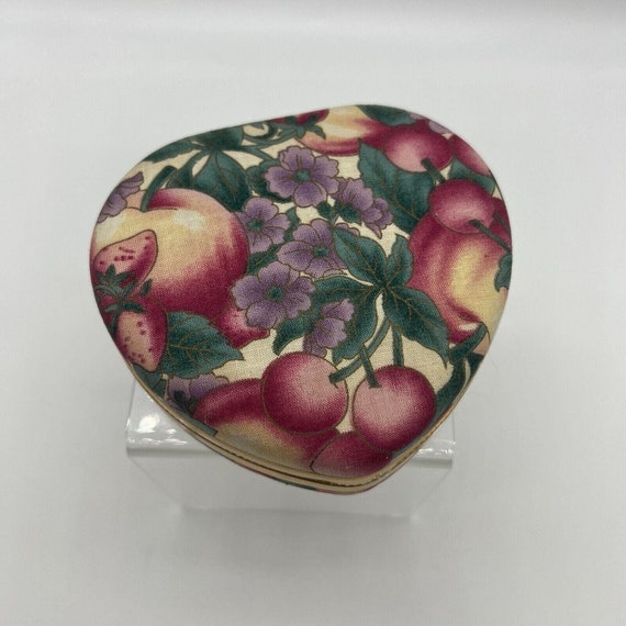 90s fabric covered heart jewelry box flowers vint… - image 1