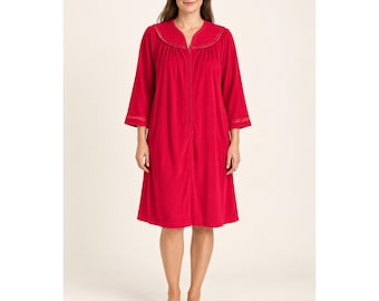 Grannycore Red Robe L Satin Trim Quilted Yoke Zip Front USA Loungewear