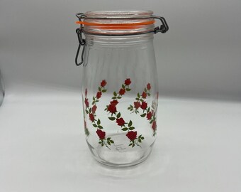 vintage Arc france glass sealed canister 1.5 L roses canning jar storage jar