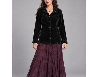 Whimsigoth Witchy Black Velvet Shacket M Button Front Preppy Holiday