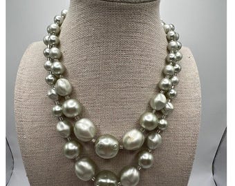 Japan Sage Green Baroque Faux Pearl Double Strand Necklace Choker Preppy Luxury