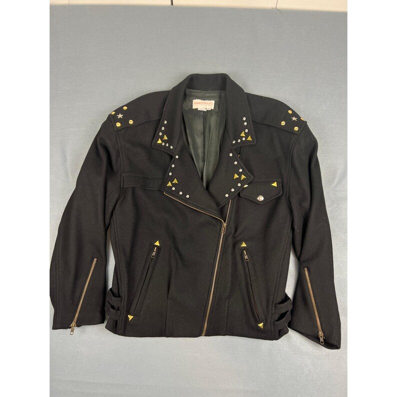 Vintage 80s Adam Douglass Adrianna Papell Studded Wool Moto Jacket L/XL Black zdjęcie 3