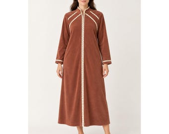 Mod Earthy 70s Vanity Fair Brown Maxi Robe M Cream Trim Zip Front
