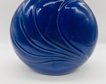 Vintage round cobalt blue art deco style vase ceramic 80s embossed swirl 7"H