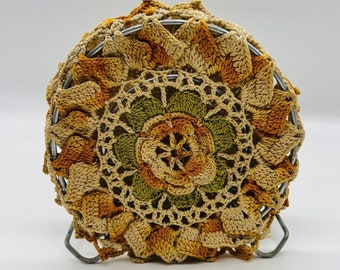 Vintage 1950s Metal Napkin Holder Handmade Floral Crochet Doily Retro Boho