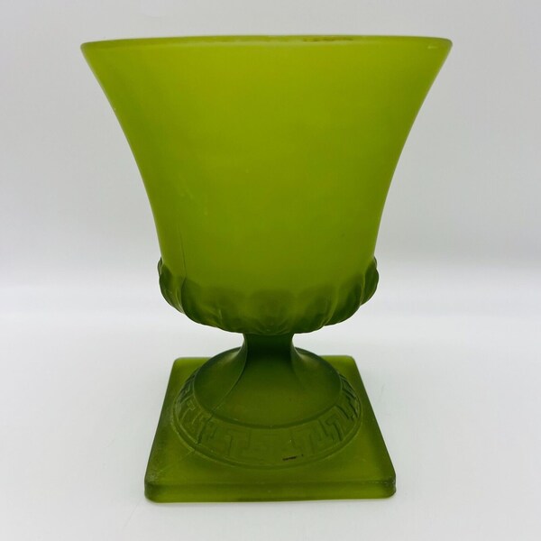 Vintage Glass Urn Planter Frosted Satin Green Greek base Decorative Glass MCM