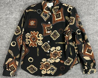 Retro Boho Western Earth Tone Maximalist Button Up Long Sleeve Blouse M