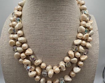 Baroque Faux Pearl Aurora Borealis Glass Multi Strand Necklace Cream 12-15"