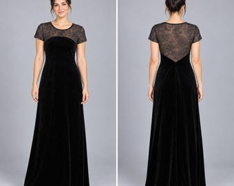 Goth Black Velvet Gown 6 Glitter Paisley Sheer Mesh Formal Holiday Wedding