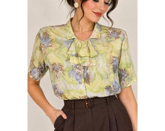 Vintage 70s Green Botanical Leaf Print Secretary Blouse Ruffle Neck Pin Up Sz M