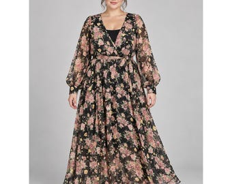 Y2K Floral Chiffon Boho Whimsigoth Cottageocre Dark Romantic Maxi Dress XL