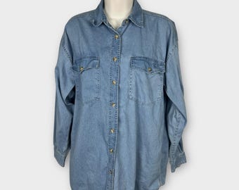 Coastal Grandpacore Blue Corduroy Button Up Shirt Medium Vintage Cotton 90s Top