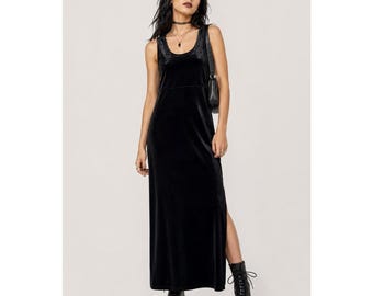 Gothic Minimalist 90s Black Velvet Maxi Dress 8 Side Slit K Studio Grunge