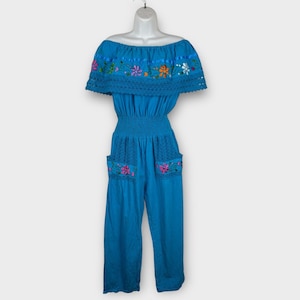 Blue Cotton Off Shoulder Bold Embroidered Floral Boho Mexico Jumpsuit Small Sz 4