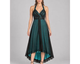Y2K Fairy Goth Teal Black Beaded Halter High Low Prom Dress JR LG City Triangles