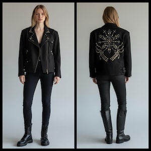 Vintage 80s Adam Douglass Adrianna Papell Studded Wool Moto Jacket L/XL Black zdjęcie 1